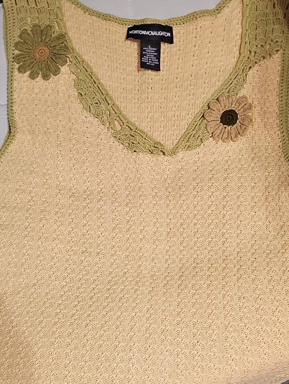 Norton McNaughton Pale Yellow Knit Tank with Olive Trim and Floral Appliqués